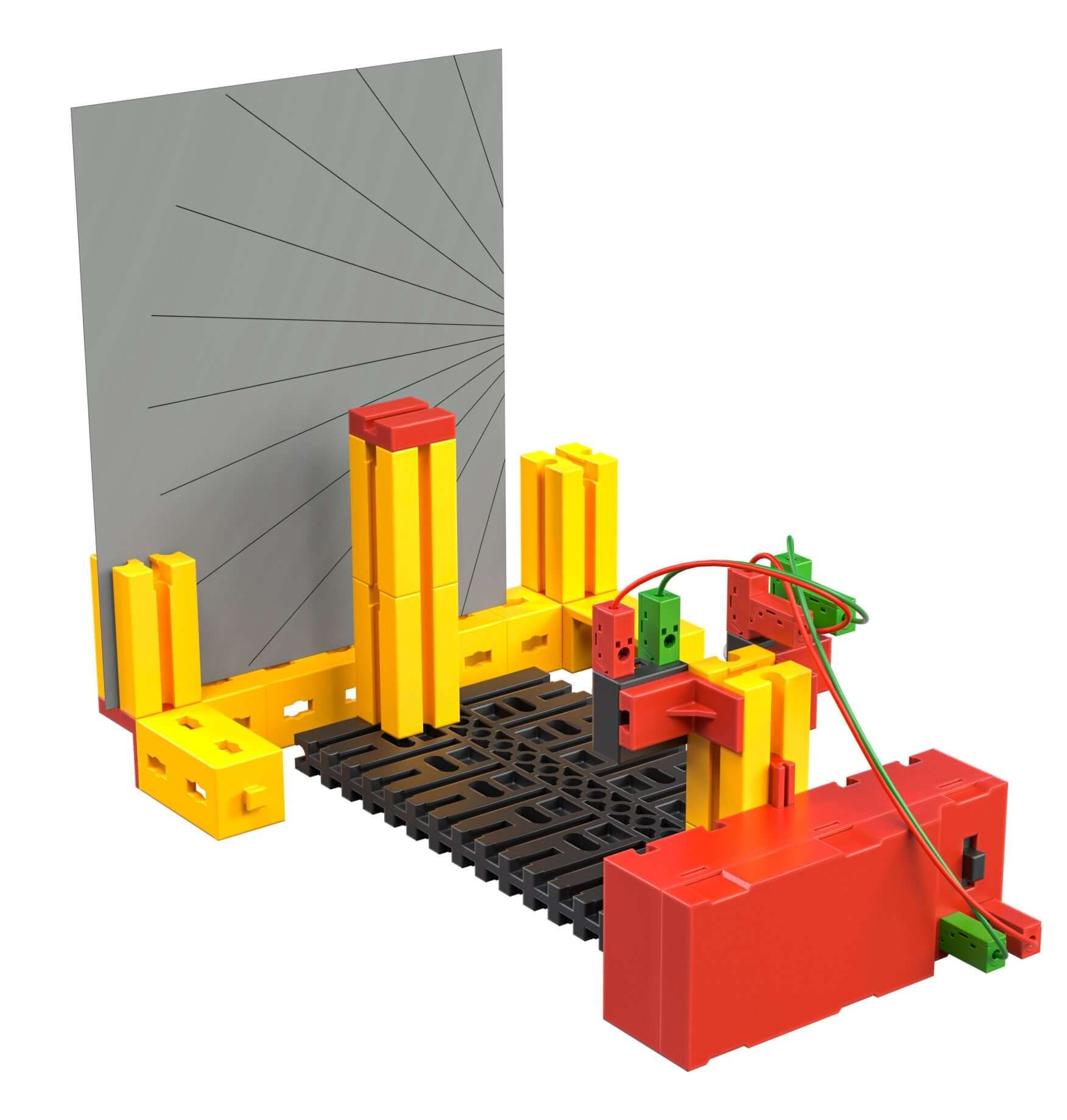 Colorful optics experiment setup for primary school teaching, demonstrating light and lenses.