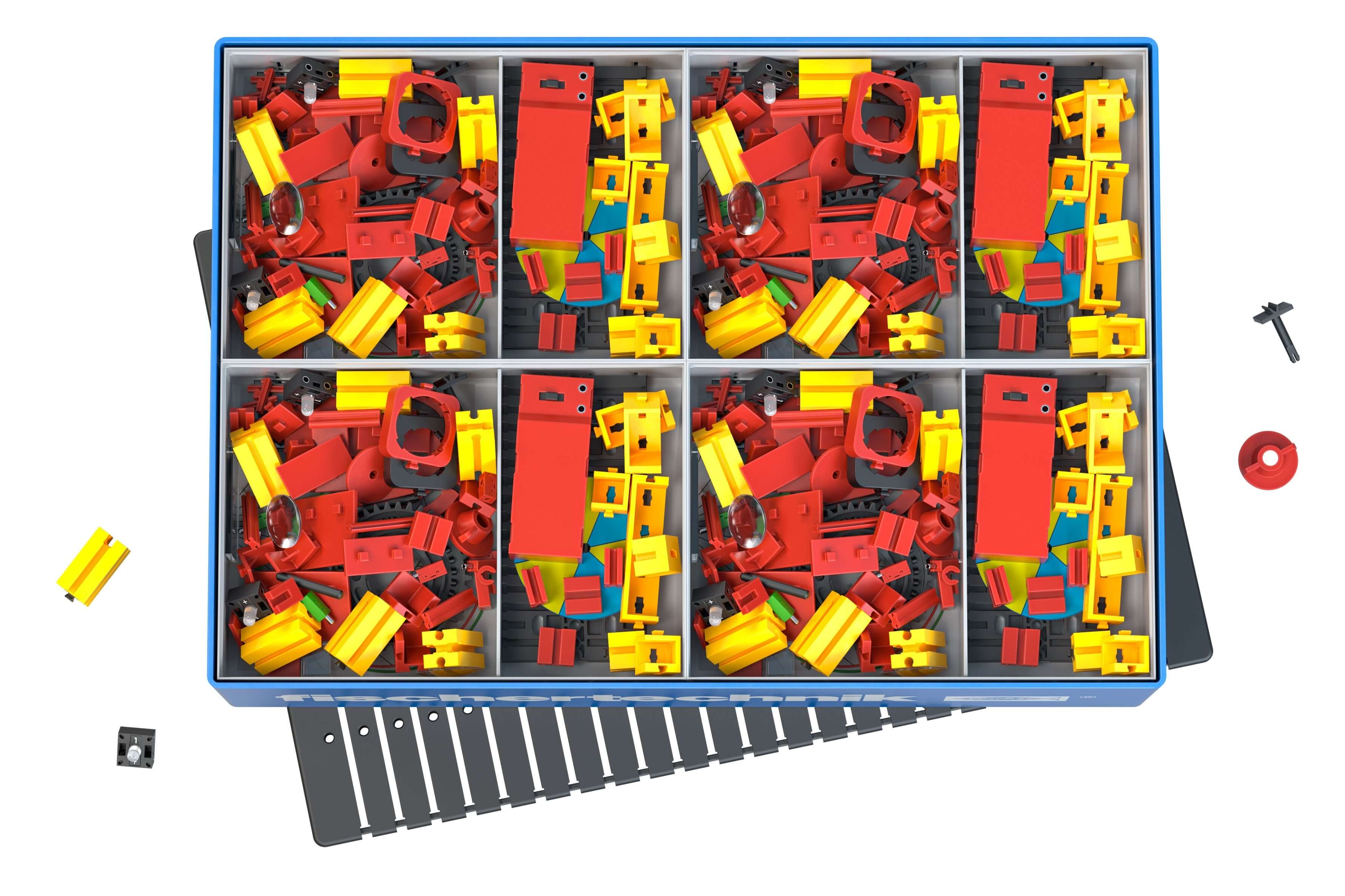 Colorful CLASS SET Optics kit with red and yellow components for teaching optics fundamentals in primary schools.