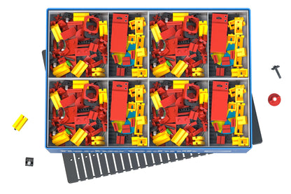Colorful CLASS SET Optics kit with red and yellow components for teaching optics fundamentals in primary schools.