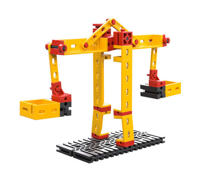 Colorful toy crane demonstrating simple machines for primary school physics. Ideal for hands-on learning.