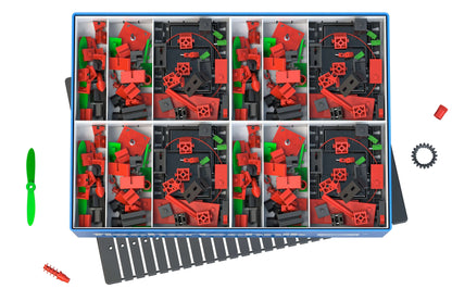 Colorful components of the CLASS SET Solar Energy kit for teaching renewable energies in primary school.