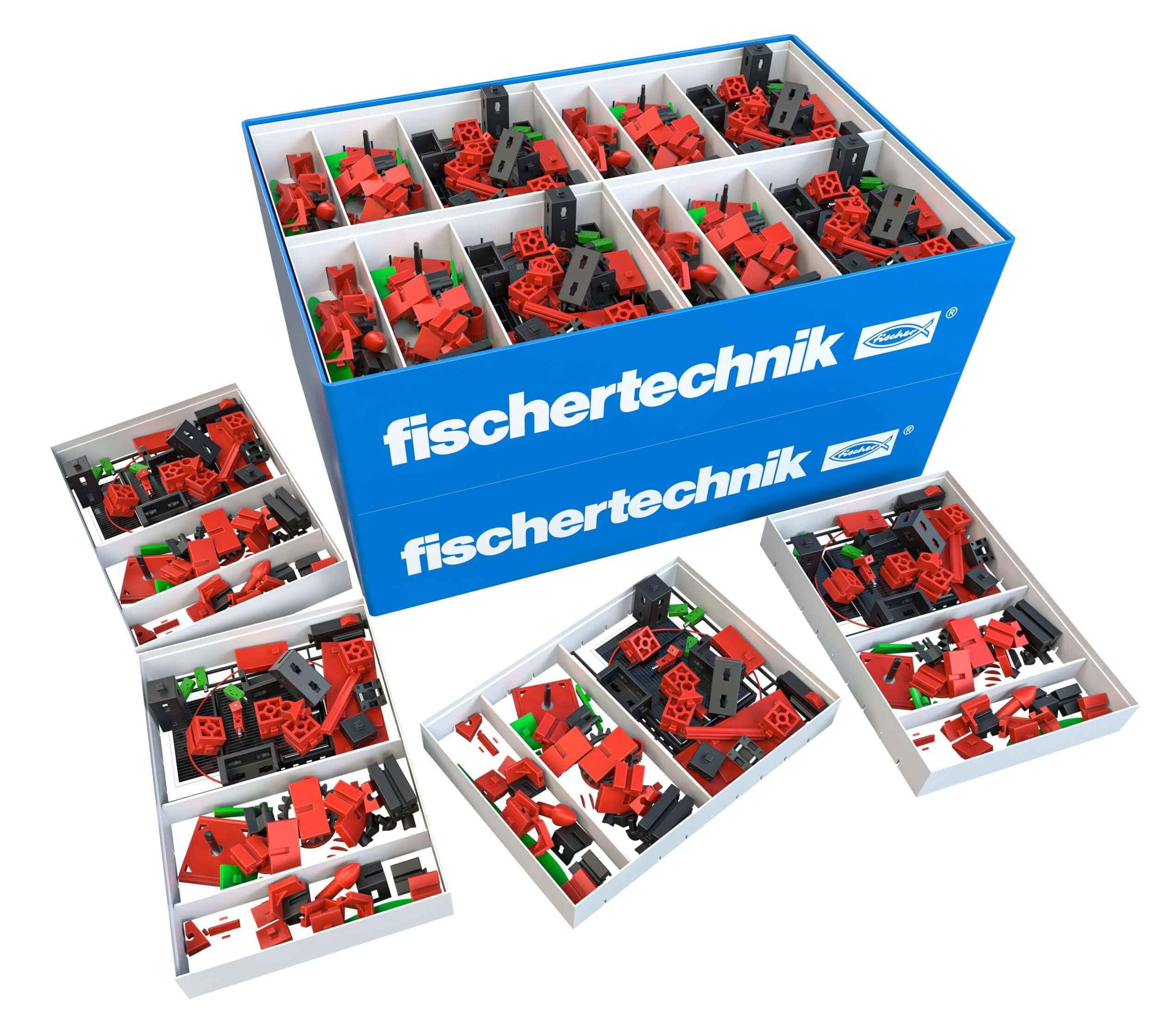 Class set of solar energy components in a fischertechnik storage box, perfect for teaching renewable energy basics.