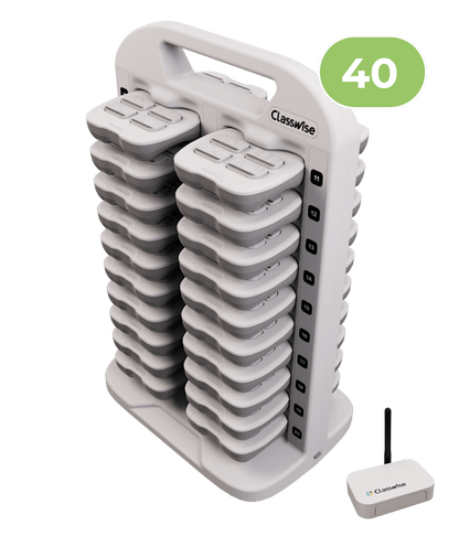 Classwise 40 educational device with storage compartments and wireless receiver for engaging classroom activities.
