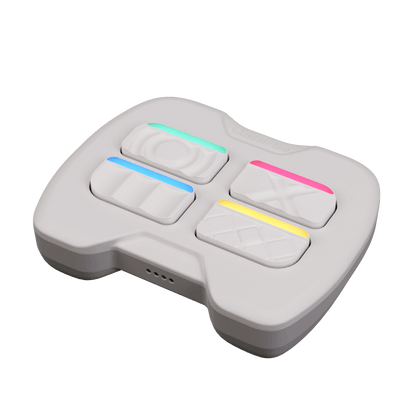 Interactive gamification controller for educational activities featuring colorful touchpads and multimedia integration.