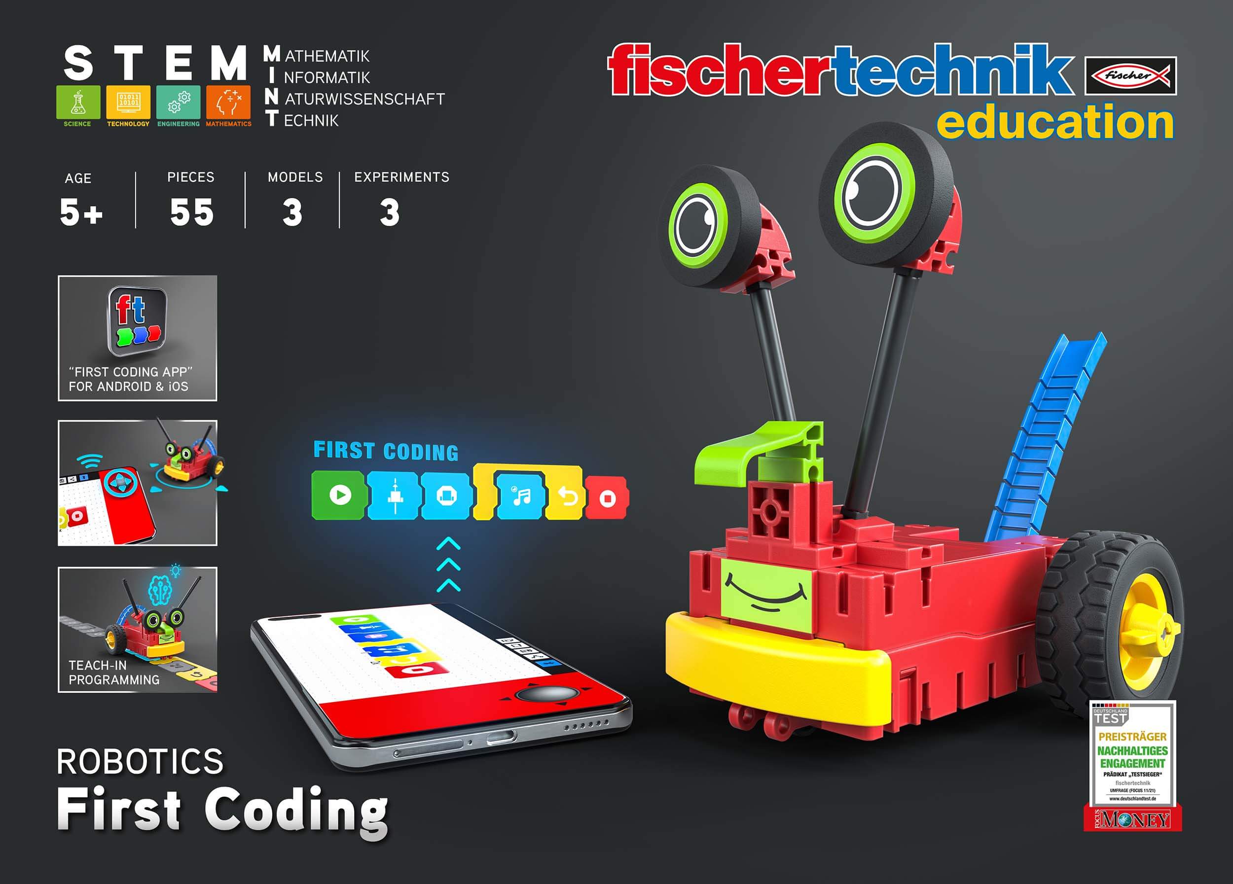 Colorful robotics kit promoting coding basics for primary students with app for interactive learning.