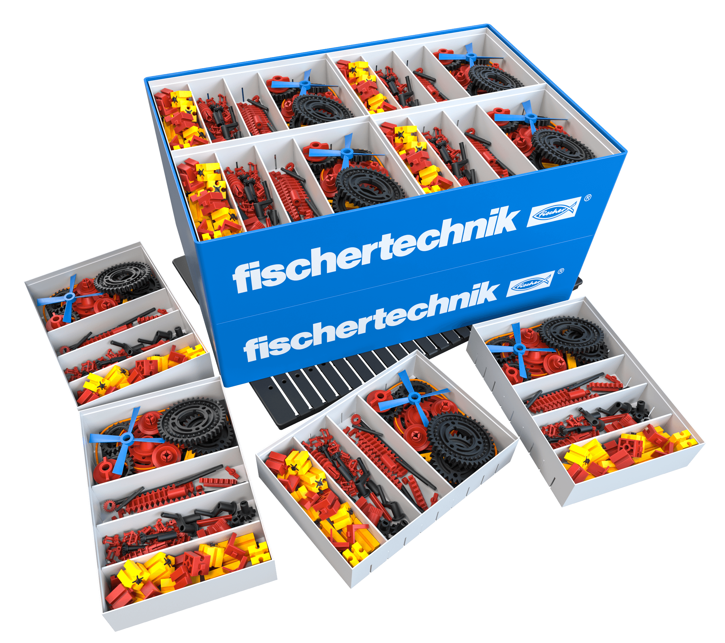 Box set of fischertechnik gears for primary school education, featuring colorful building components.