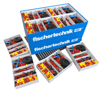 Box set of fischertechnik gears for primary school education, featuring colorful building components.