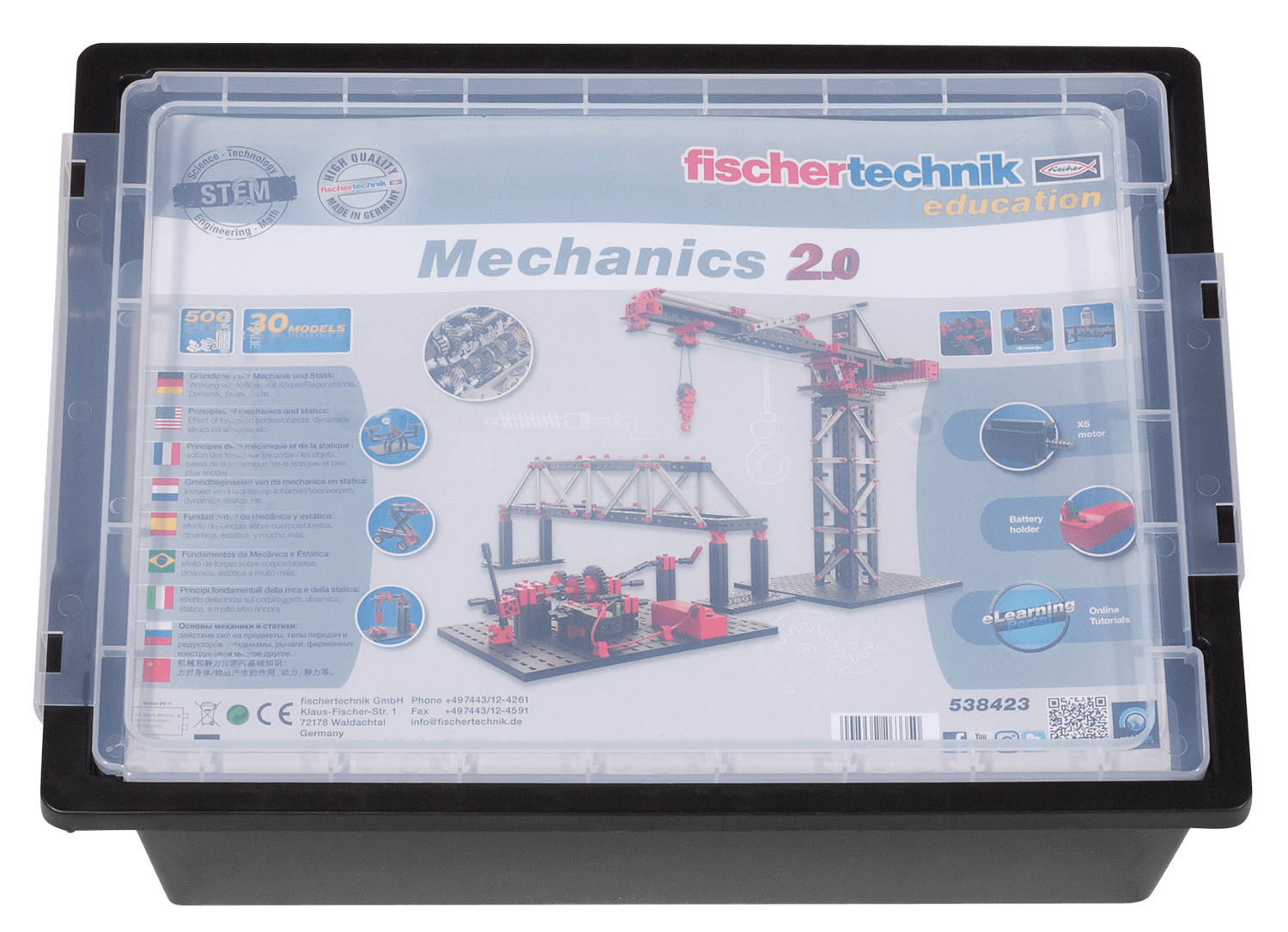 fischertechnik Mechanics 2.0 educational kit with images of mechanics models and STEM learning features.