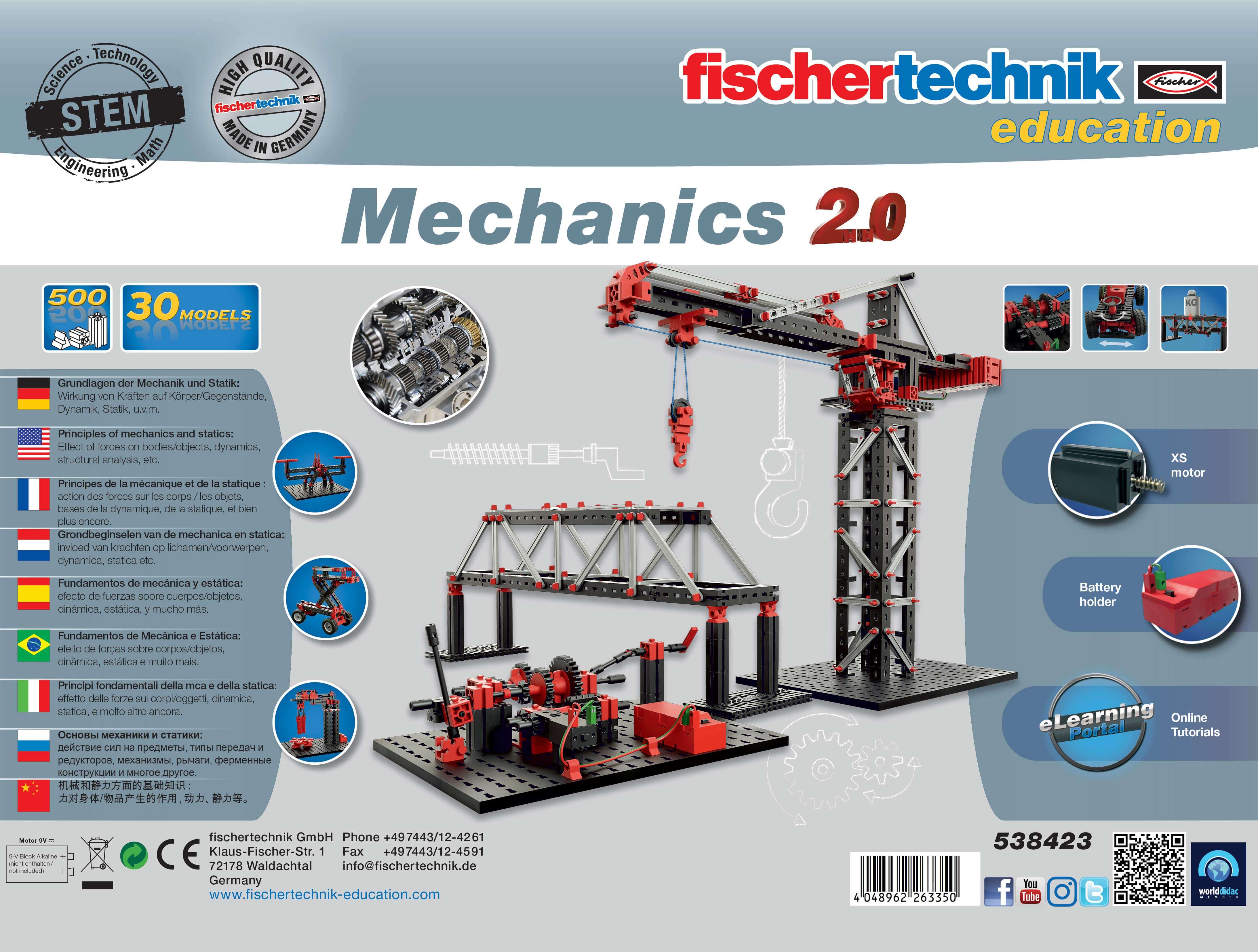 fischertechnic Mechanics 2.0 educational set showcasing models of mechanics and statics for STEM learning.