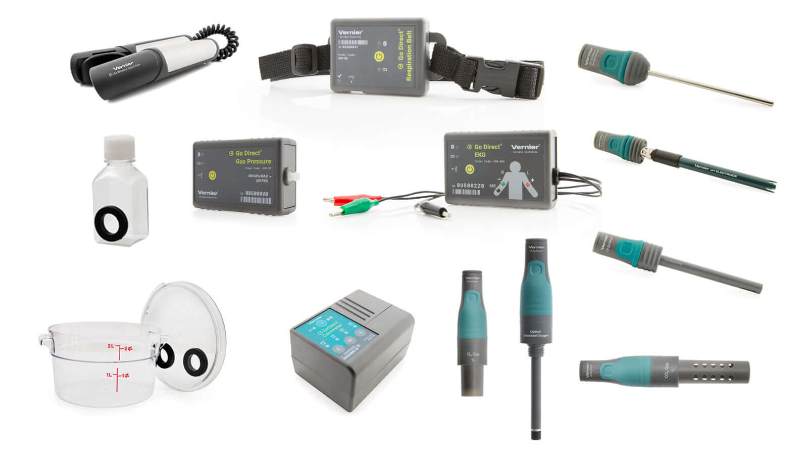 Go Direct Deluxe Package for Biology includes O2 gas sensor, Nalgene bottle, and various measurement tools for experiments.