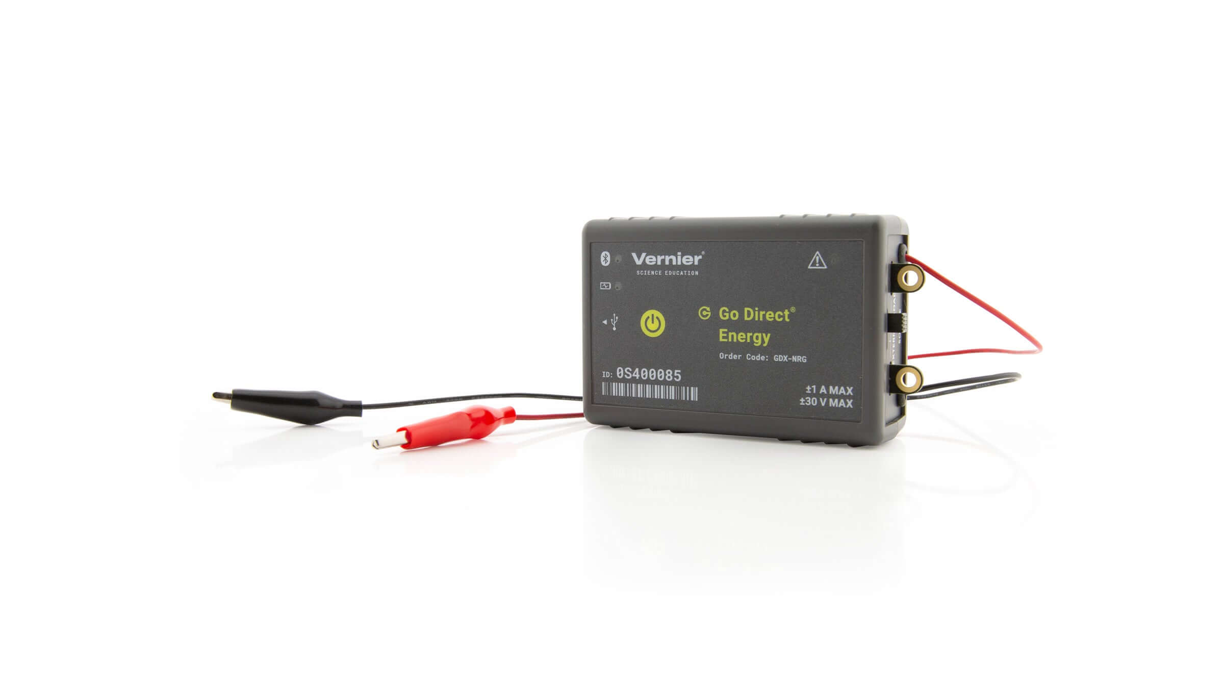 Go Direct Energy Sensor measuring voltage and current for wind turbines and solar panels, connecting via Bluetooth or USB.