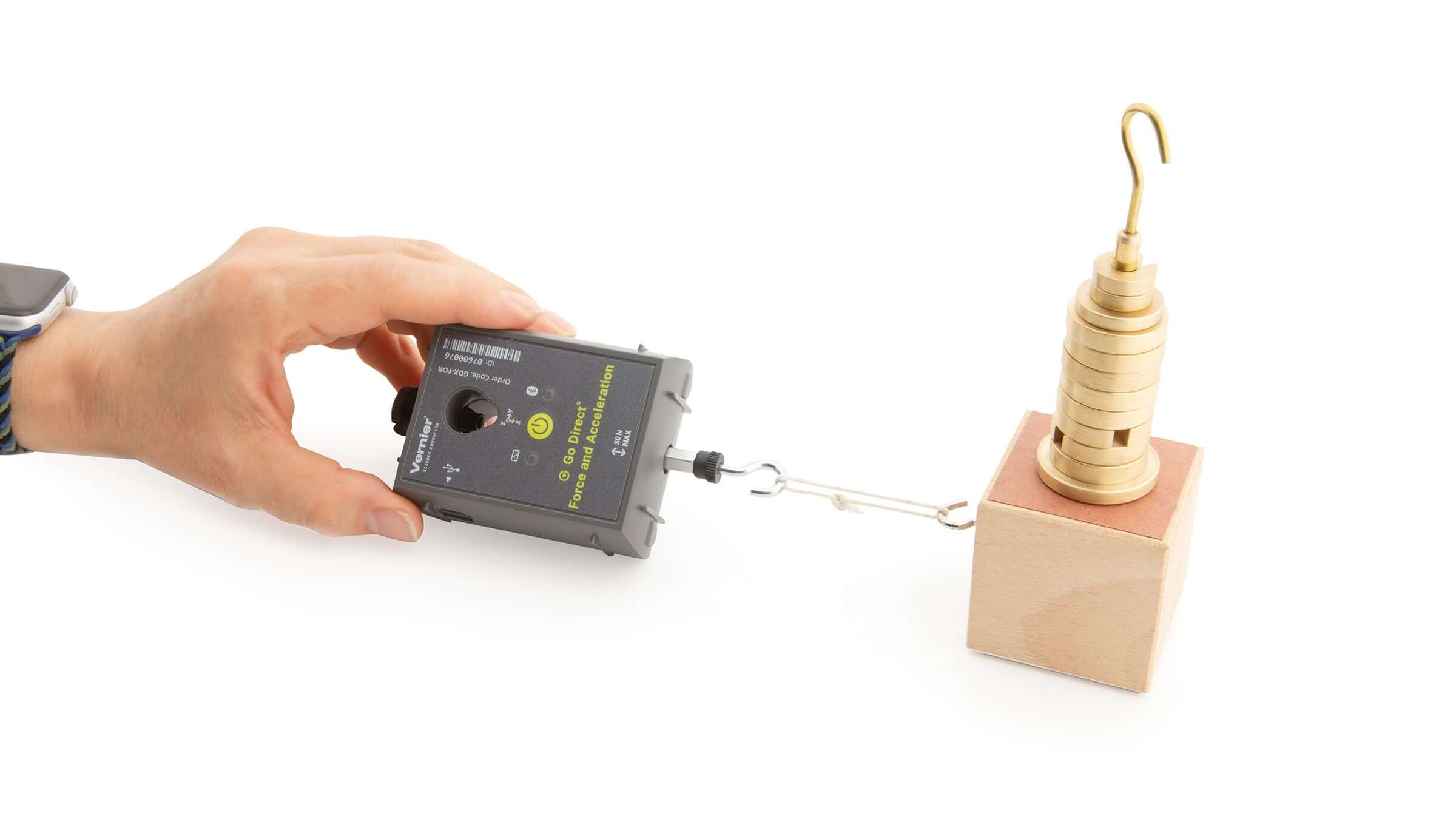 Go Direct Force and Acceleration Sensor with a force gauge for measuring pushes and pulls in experiments.