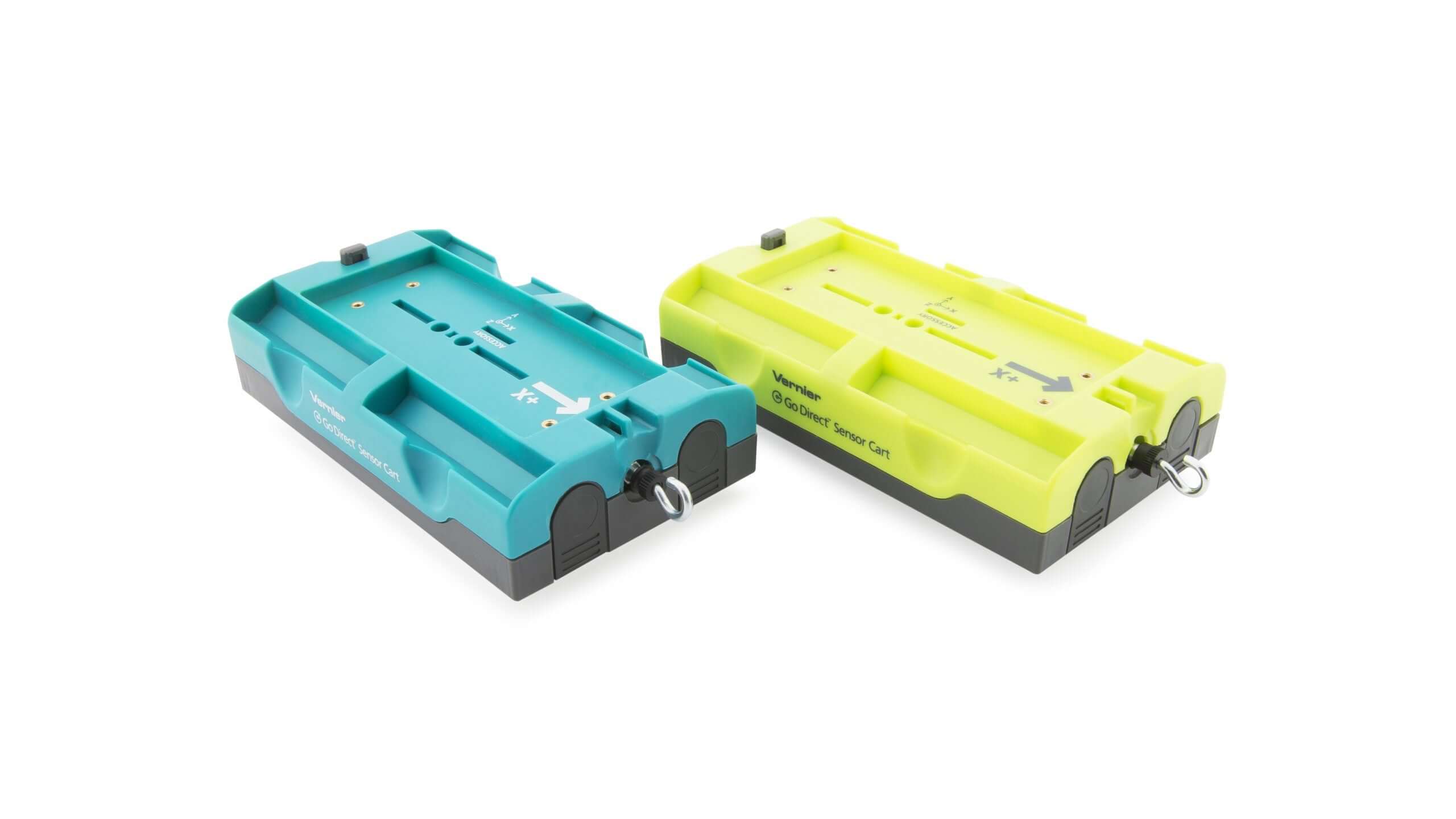 Go Direct Sensor Cart in yellow and blue for wireless dynamics experiments, featuring built-in Bluetooth technology.