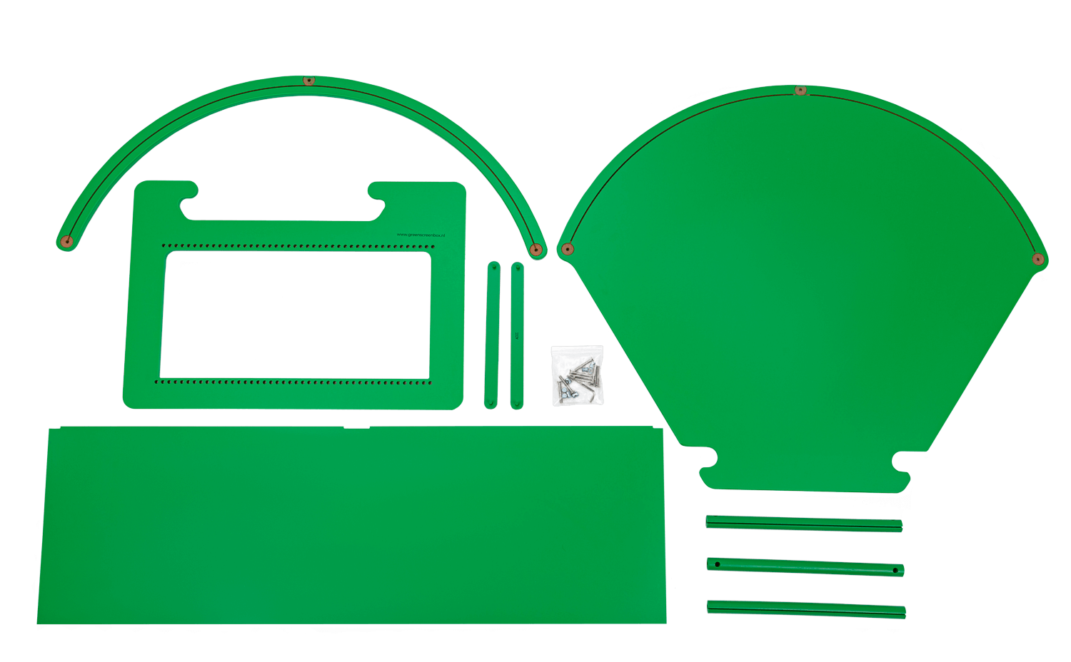 Tabletop greenscreen setup with green panels, connectors, and mounting accessories for imaginative play and digital learning.