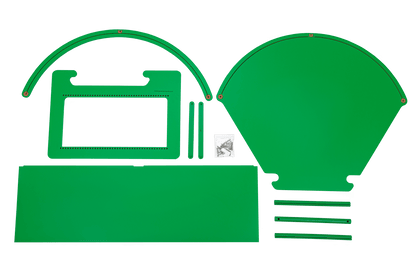 Tabletop greenscreen setup with green panels, connectors, and mounting accessories for imaginative play and digital learning.