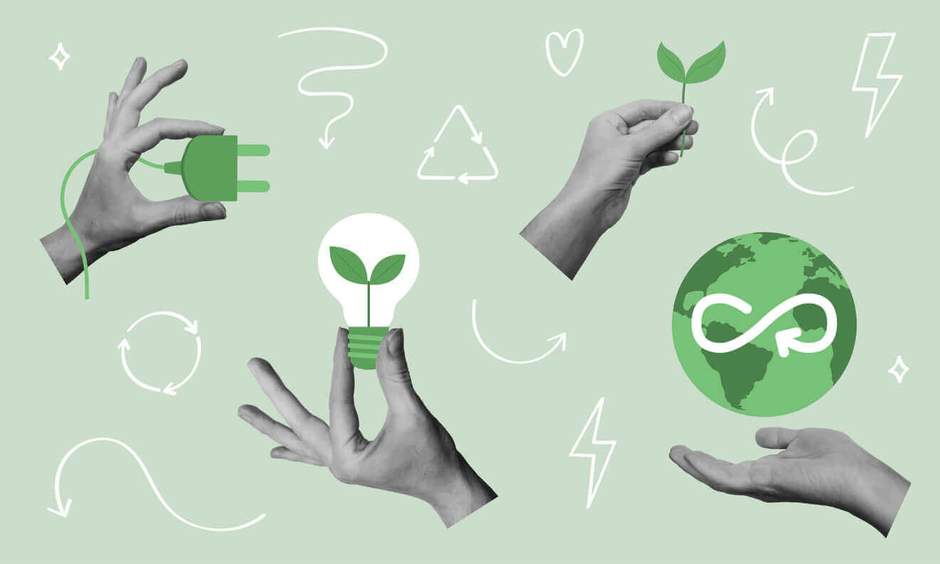 Hands holding eco-friendly symbols like a light bulb, plant, and globe, emphasizing sustainability and green energy.