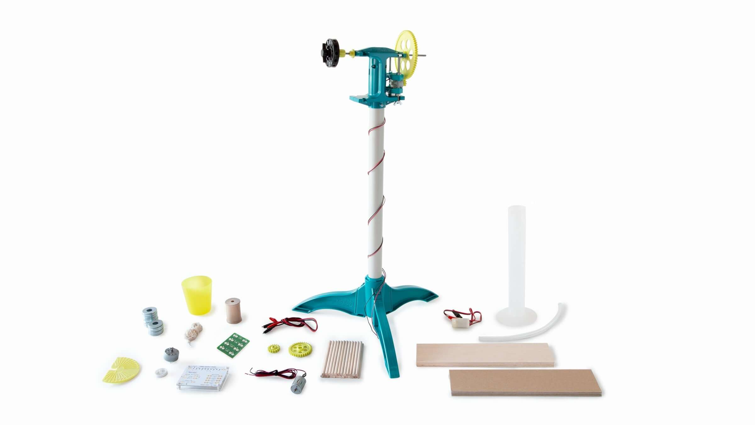 KidWind Advanced Wind Experiment Kit components including turbine, blades, and tools for testing wind energy technology.