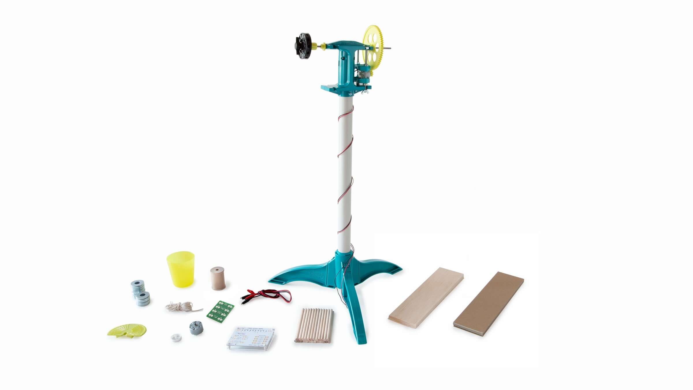 KidWind Basic Wind Experiment Kit components for kids, featuring turbine, blades, and accessories for hands-on science learning.