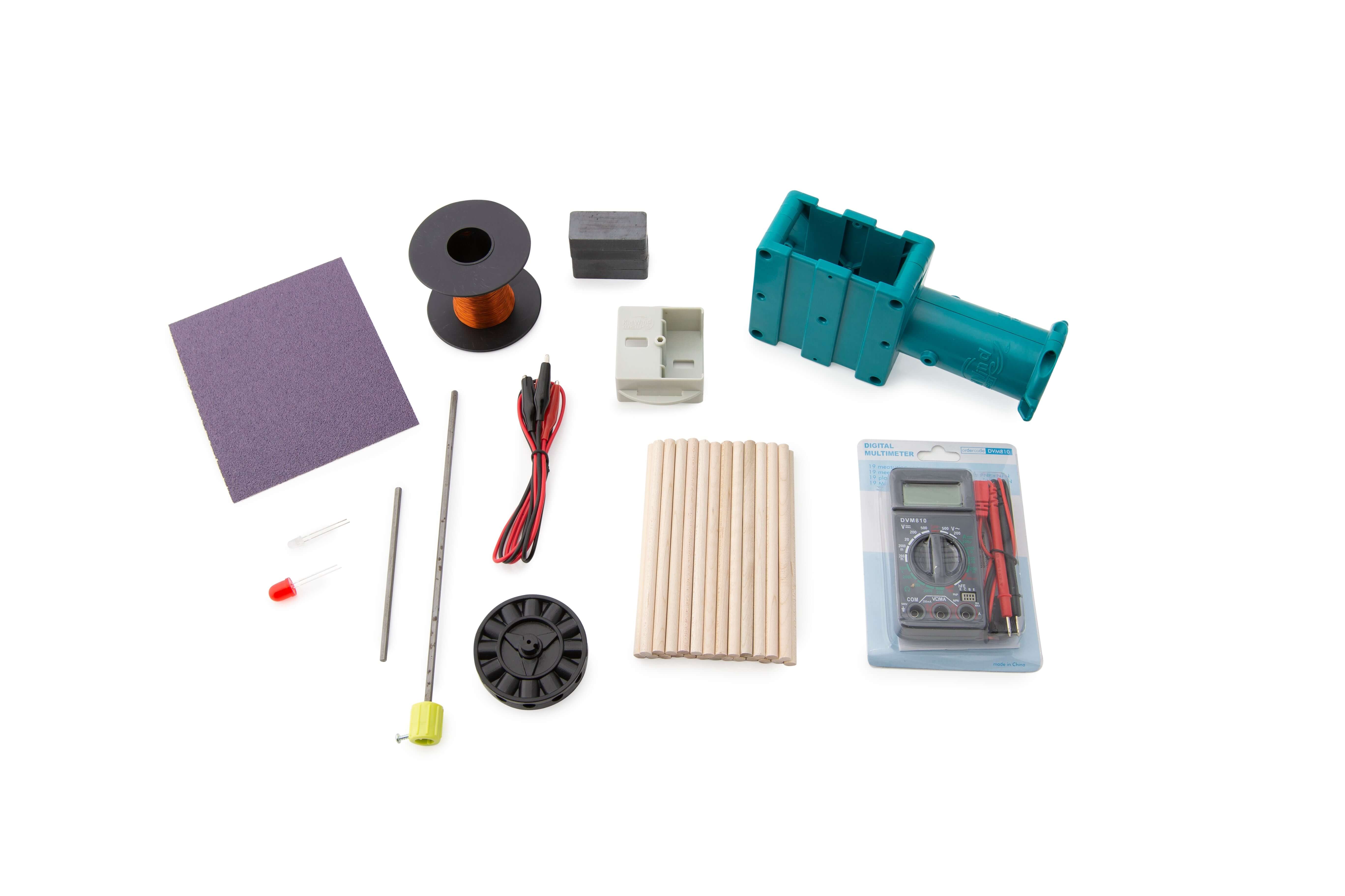 Components of KidWind simpleGEN educational AC generator kit for students to learn about electrical design.