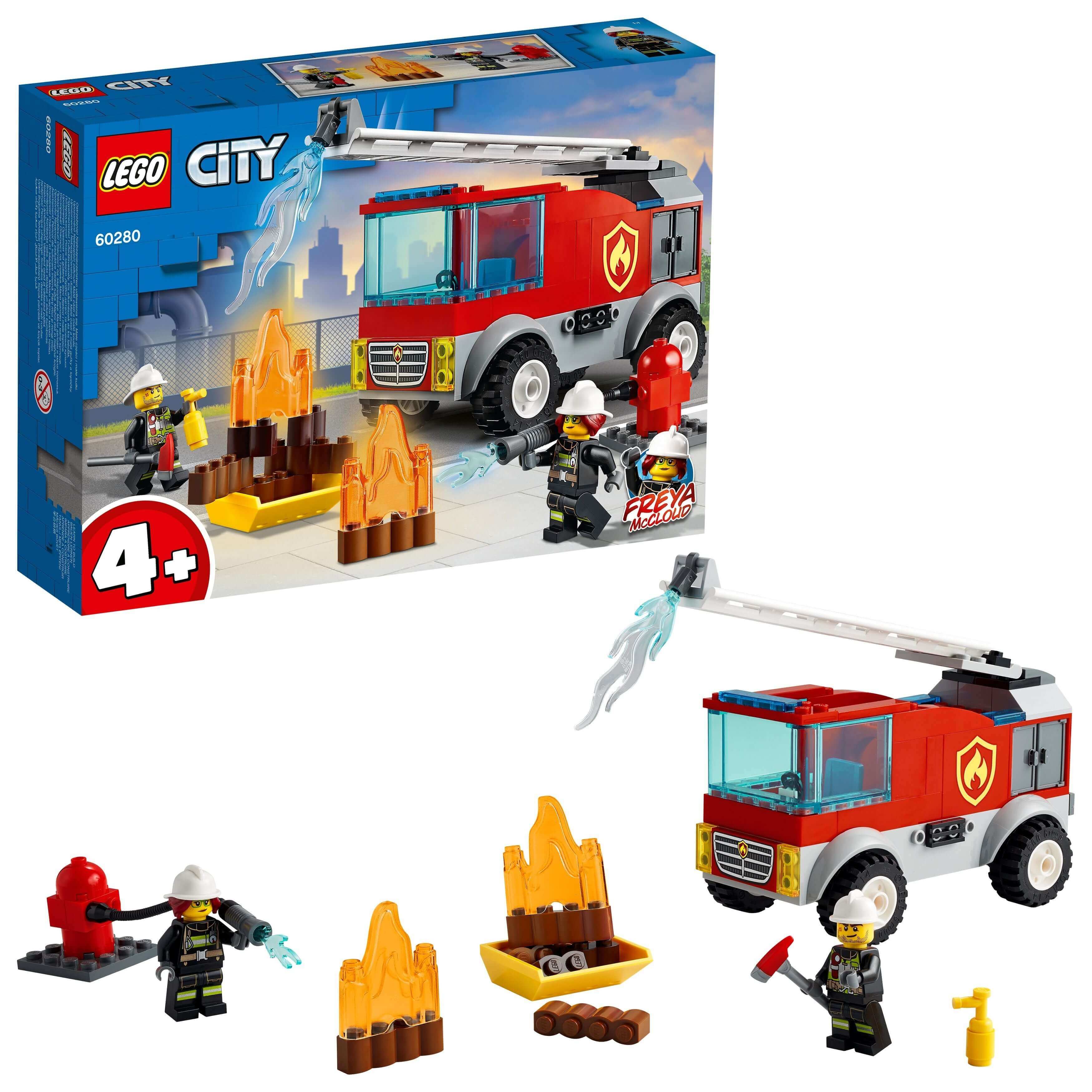 LEGO City Fire Ladder Truck Toy 60280 with Freya McCloud, fire engine playset with flames and accessories.