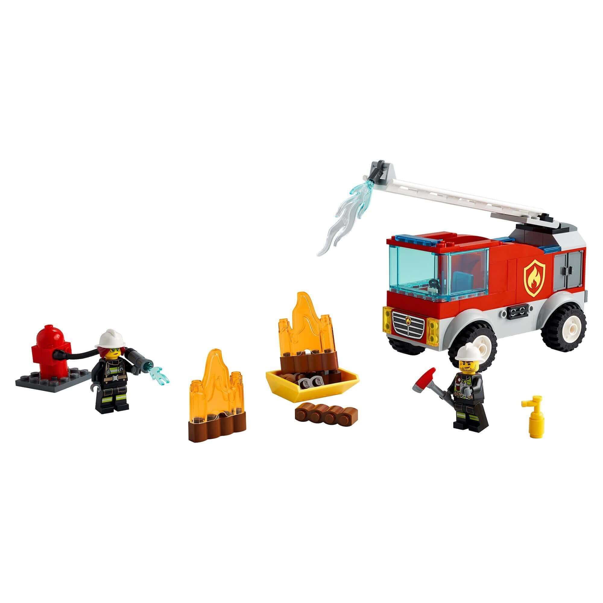 LEGO City Fire Ladder Truck Toy 60280 with Freya McCloud, firefighter figures, and fire accessories for kids.