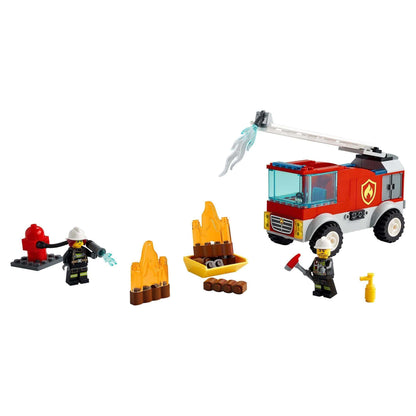 LEGO City Fire Ladder Truck Toy 60280 with Freya McCloud, firefighter figures, and fire accessories for kids.