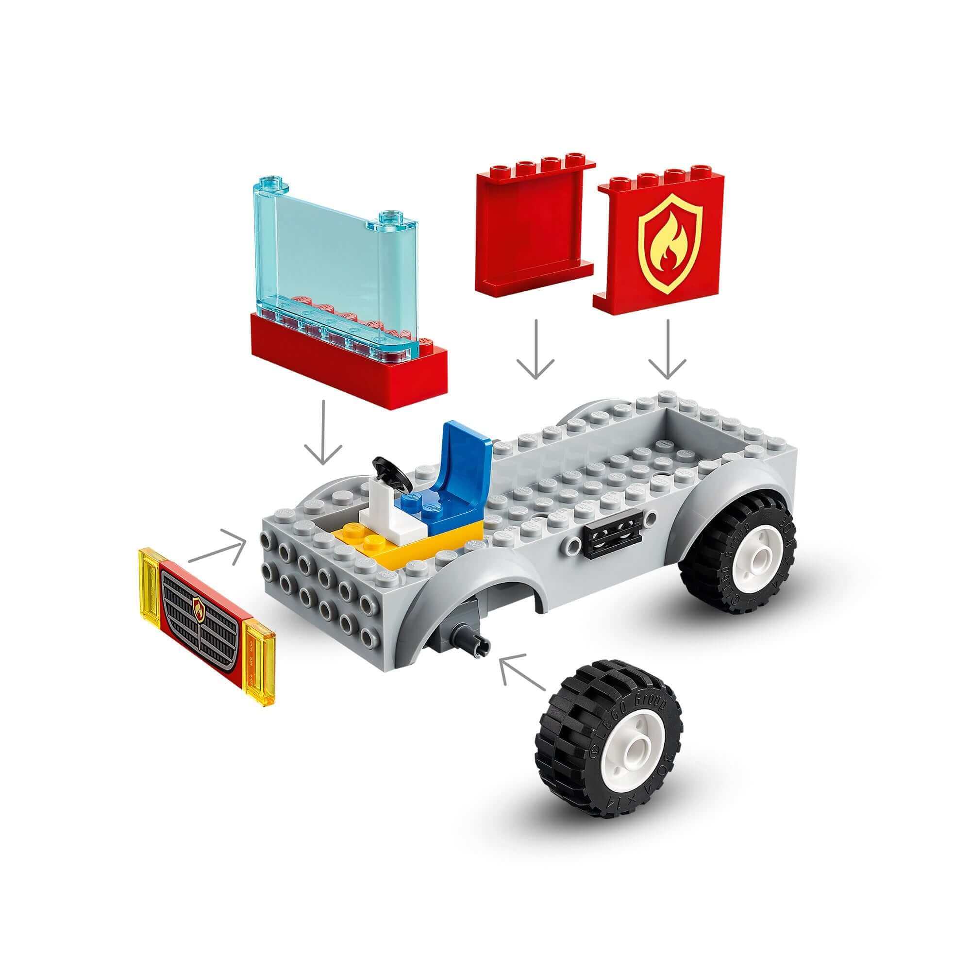 Assembly instructions for LEGO® City Fire Ladder Truck Toy 60280, showing key components and building steps.