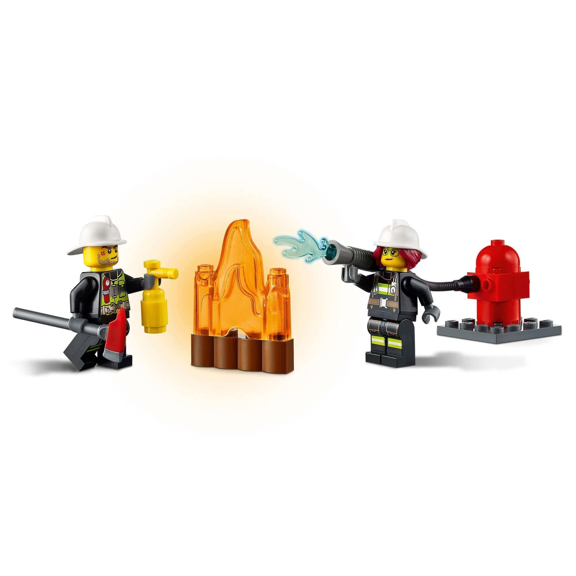 LEGO® City Fire Ladder Truck Toy 60280 with characters Freya McCloud and firefighter battling a fire with a hydrant.
