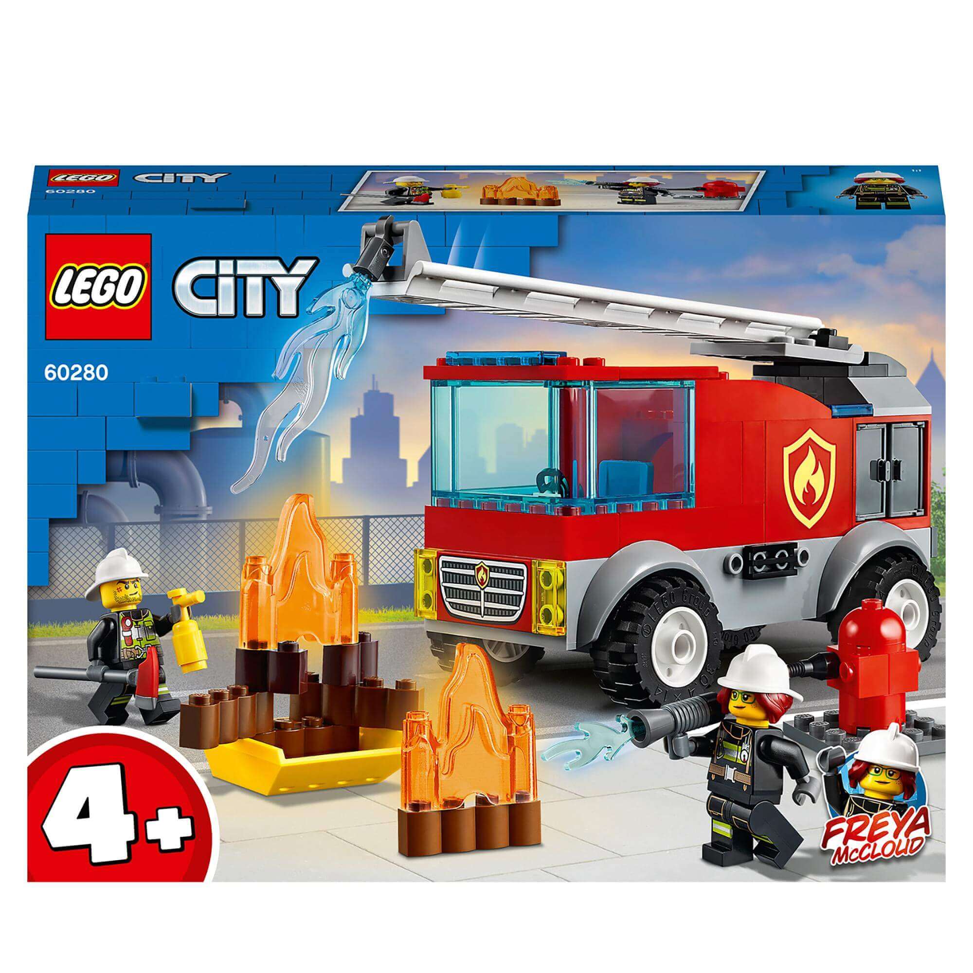 LEGO City Fire Ladder Truck Toy 60280 with Freya McCloud and fire accessories for kids age 4 and up.