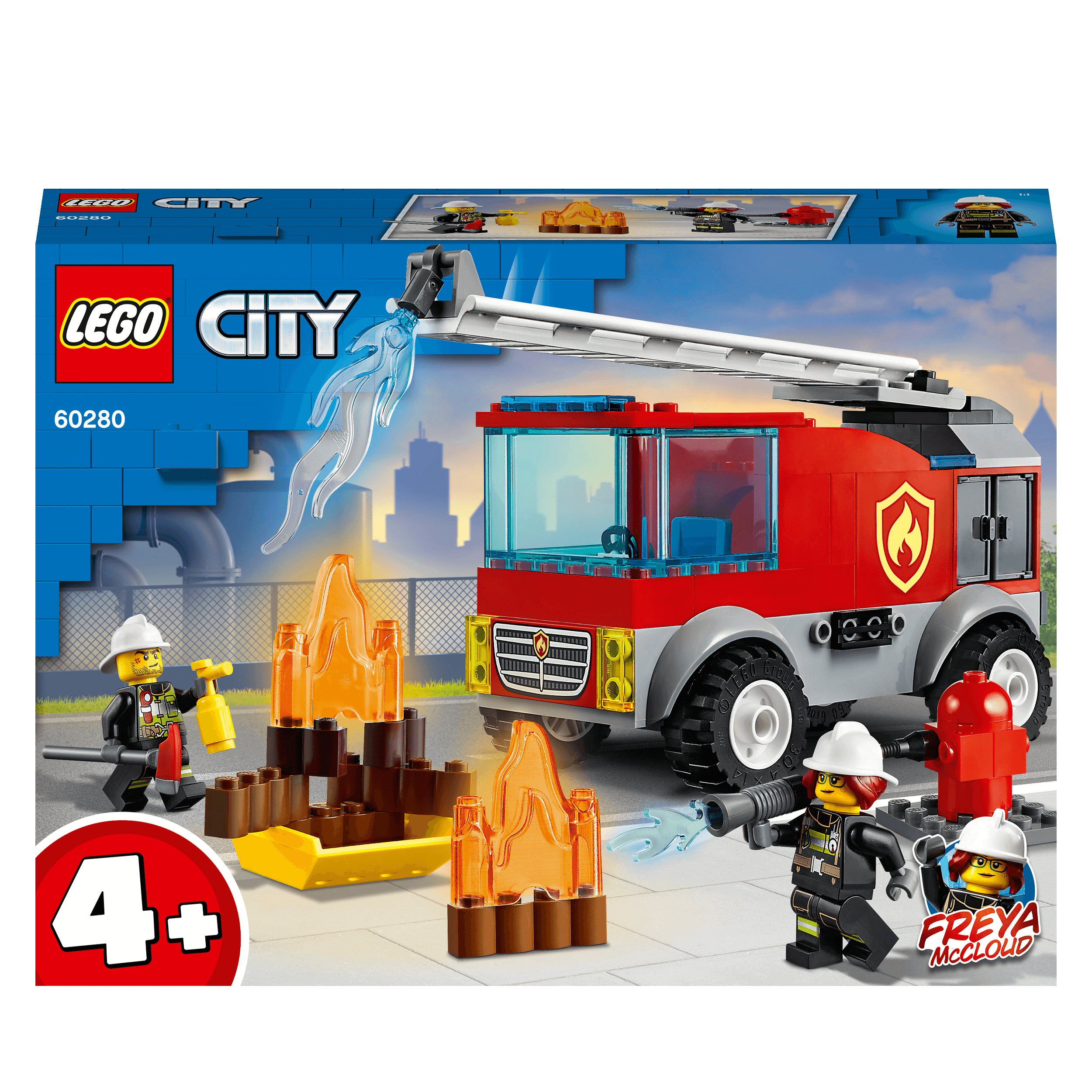 LEGO® City Fire Ladder Truck 60280 playset with Freya McCloud and fire-themed accessories for kids ages 4+.