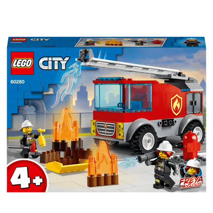 LEGO® City Fire Ladder Truck 60280 playset with Freya McCloud and fire-themed accessories for kids ages 4+.