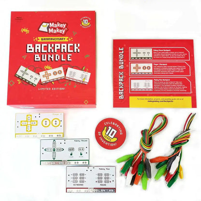 Makey Makey® Backpack Bundle includes invention boards, wires, and a celebration sticker for creative play.