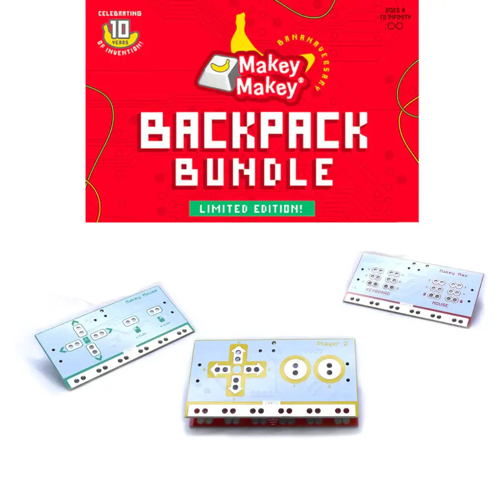 Makey Makey Backpack Bundle featuring three invention boards and limited edition packaging.