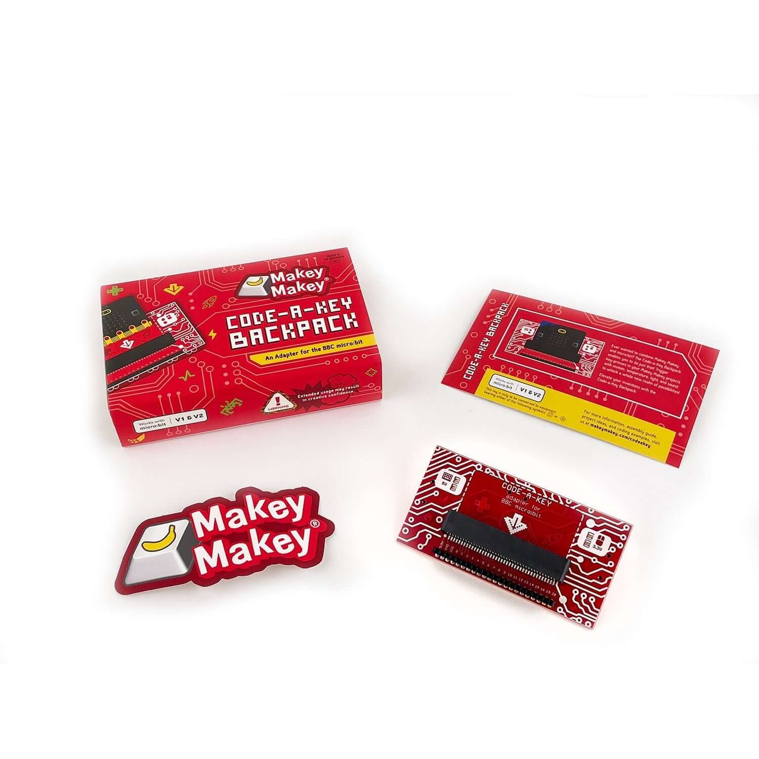 Makey Makey Code-a-Key Backpack packaging, micro:bit accessory, teaching and DIY tool for creative projects.