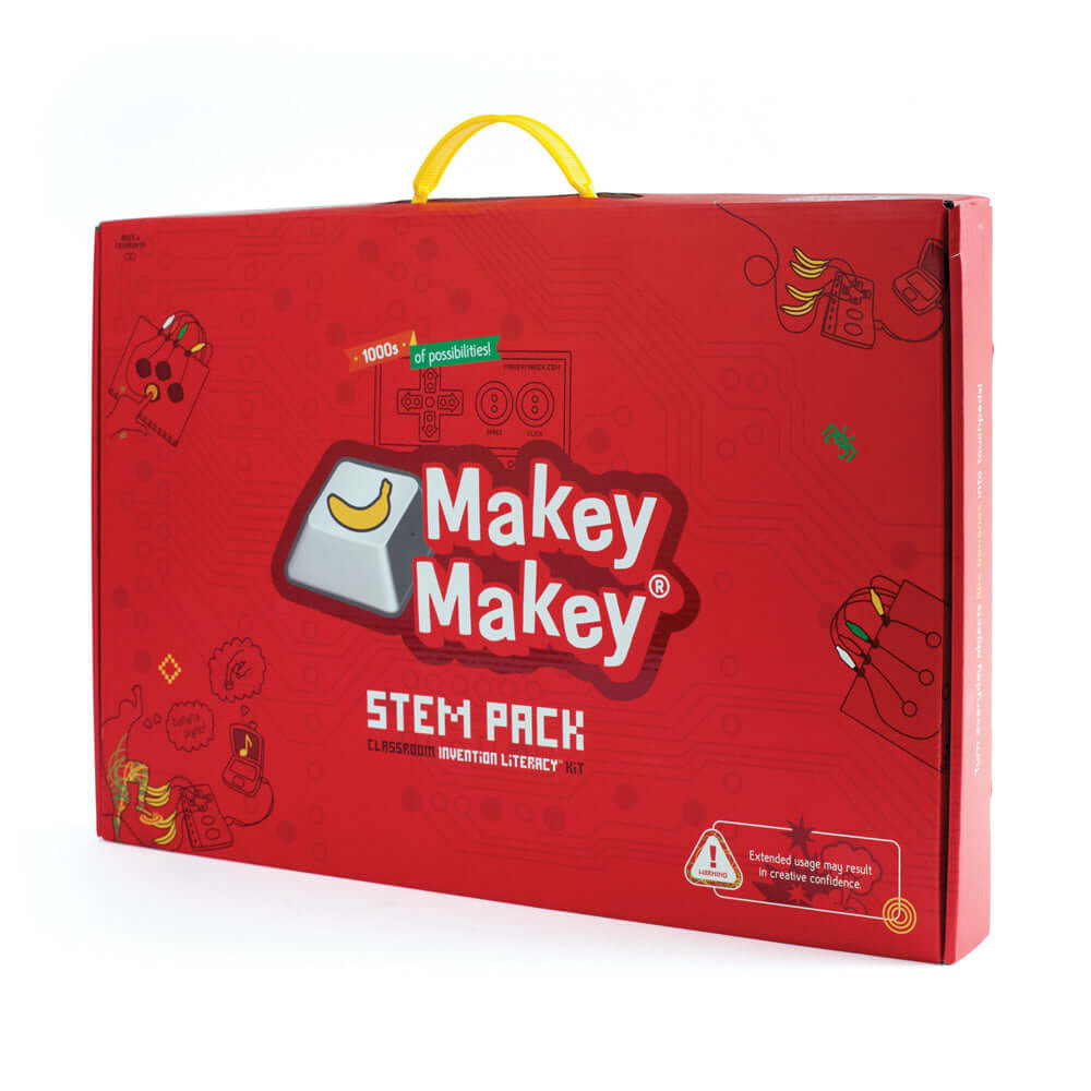 Makey Makey STEM Pack Classroom Invention Literacy Kit packaging with bright red design and logo.
