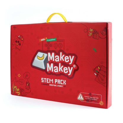 Makey Makey STEM Pack Classroom Invention Literacy Kit packaging with bright red design and logo.