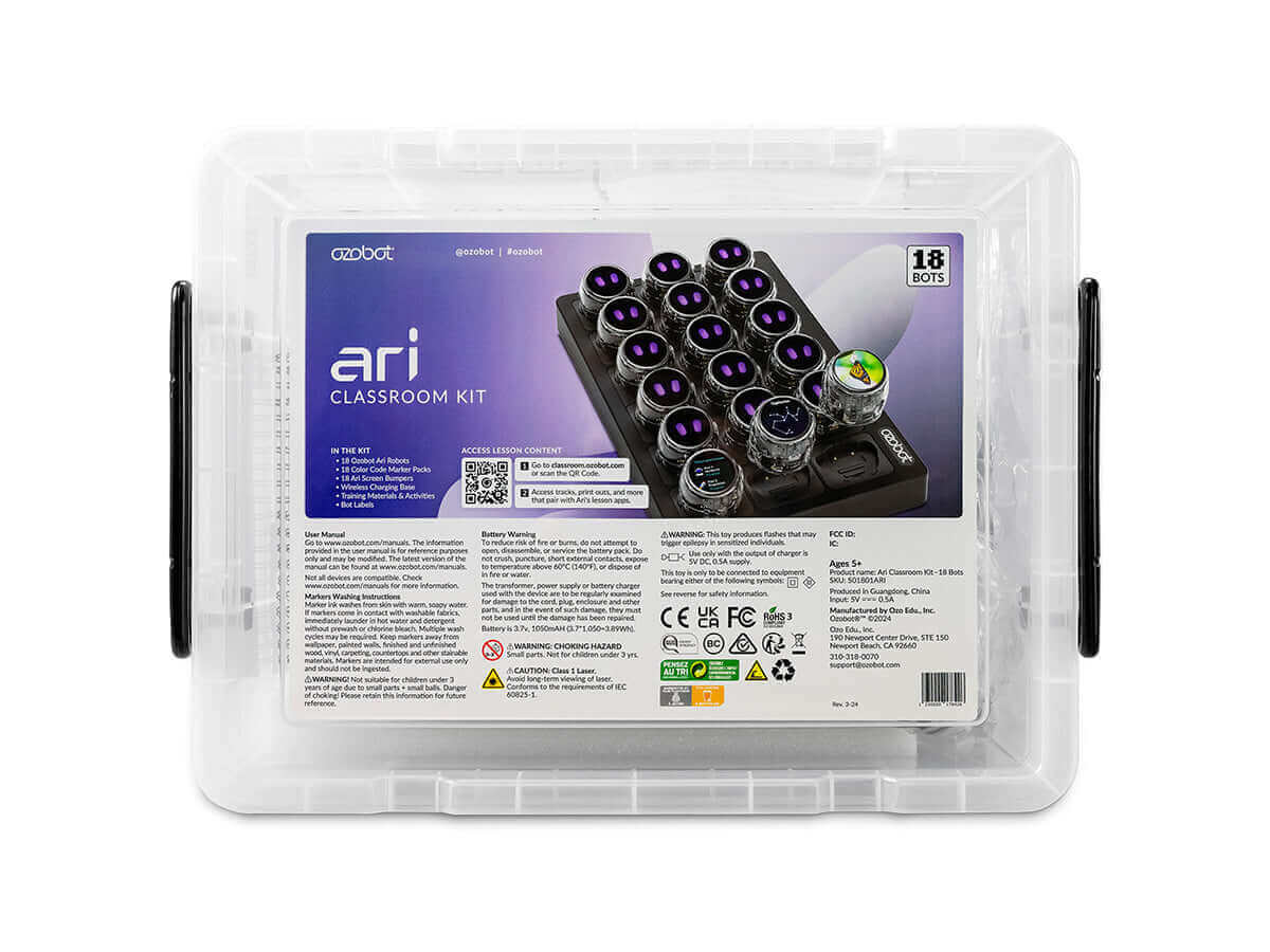 Ozobot Ari Classroom Kit - 18 bots in a clear storage case, designed for interactive K12 learning in computer science.