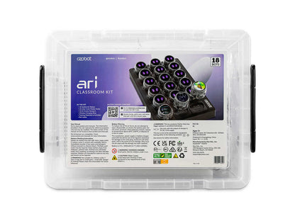 Ozobot Ari Classroom Kit - 18 bots in a clear storage case, designed for interactive K12 learning in computer science.