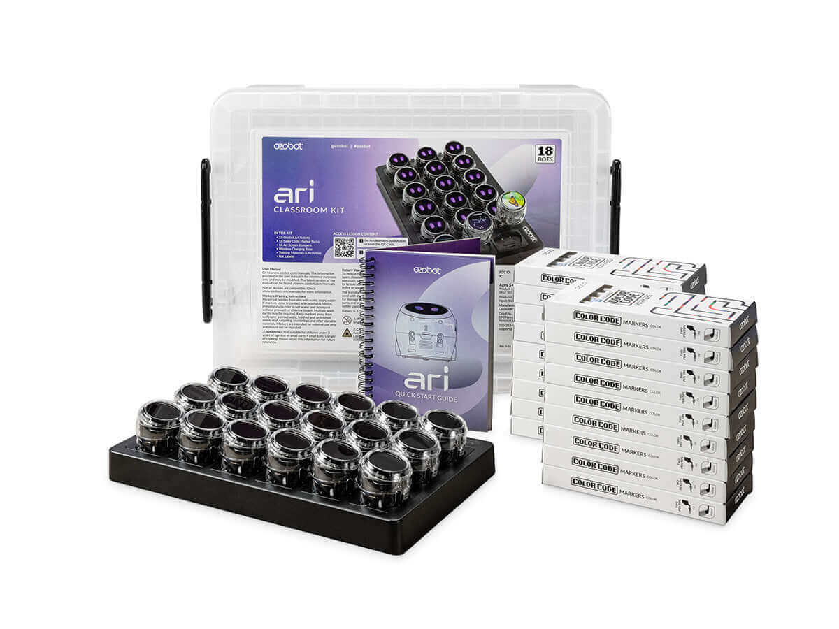 Ozobot Ari Classroom Kit featuring 18 compact robots, interactive display, and educational materials for K12 students.