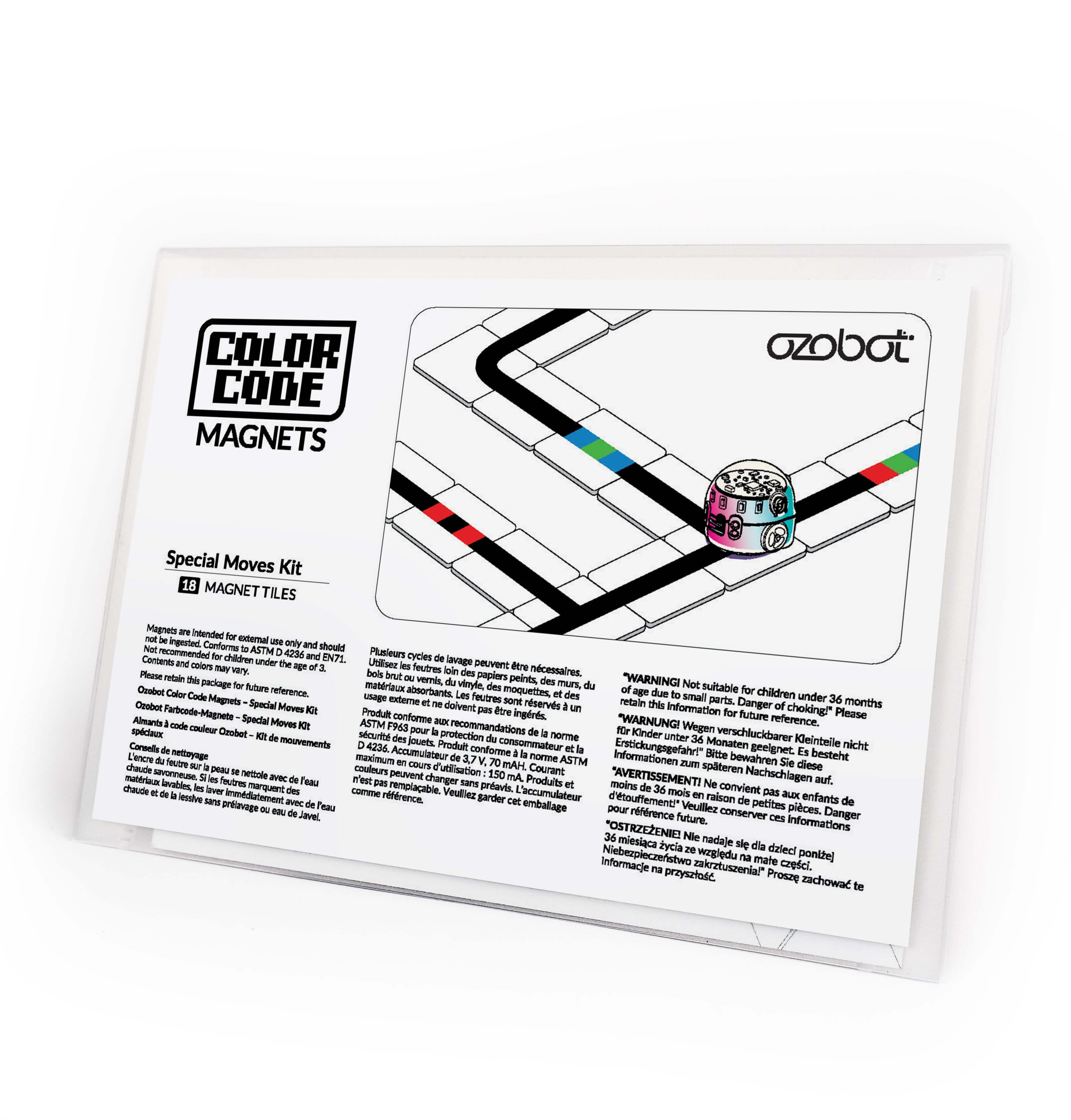 Ozobot Colour Code Magnets Special Moves Kit packaging with coding instructions and colorful tracks.