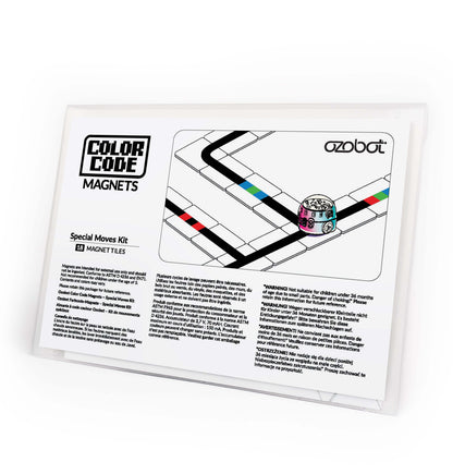 Ozobot Colour Code Magnets Special Moves Kit packaging with coding instructions and colorful tracks.
