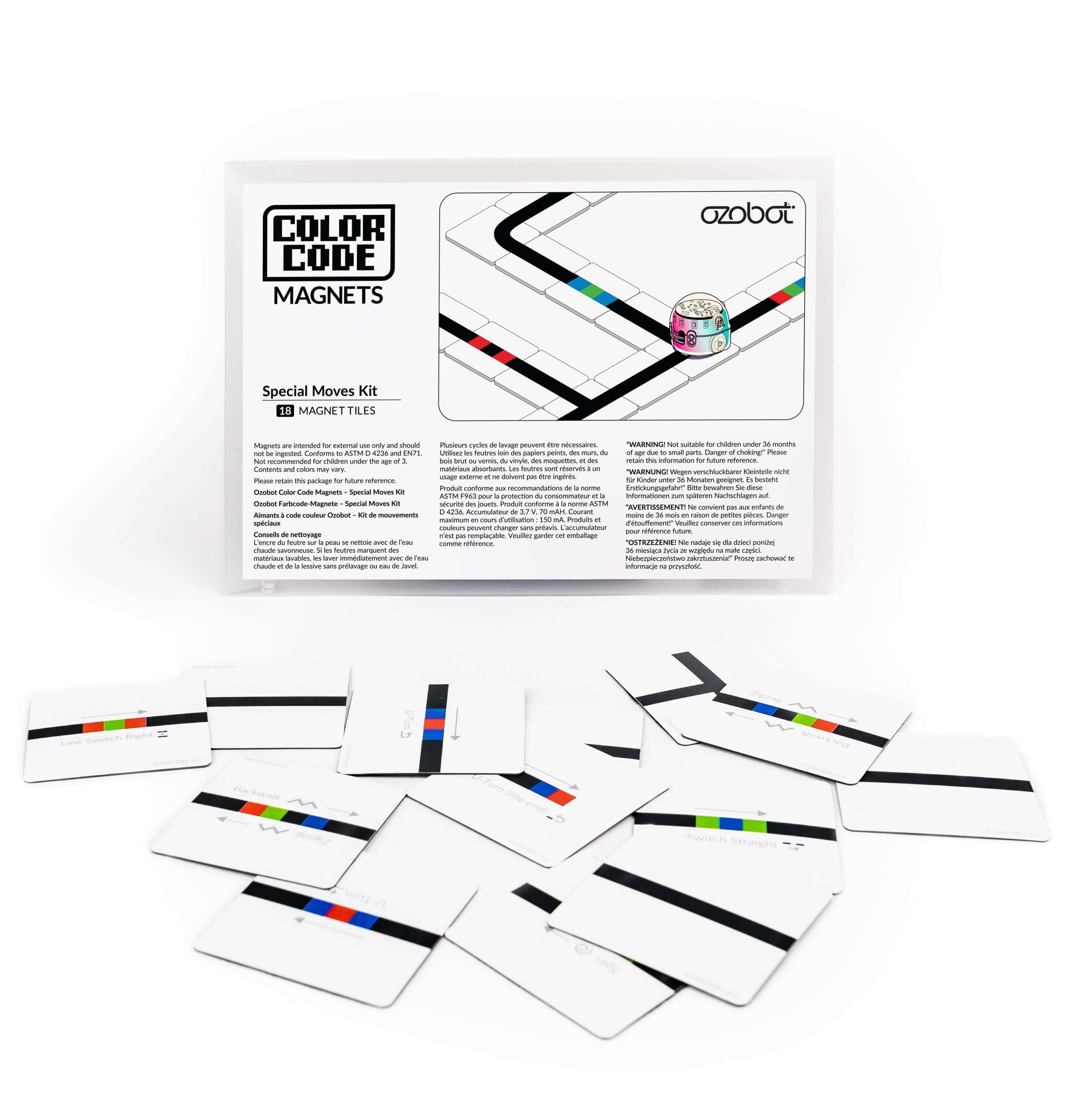 Ozobot Colour Code Magnets Special Moves Kit with 18 educational coding puzzle pieces for interactive learning.