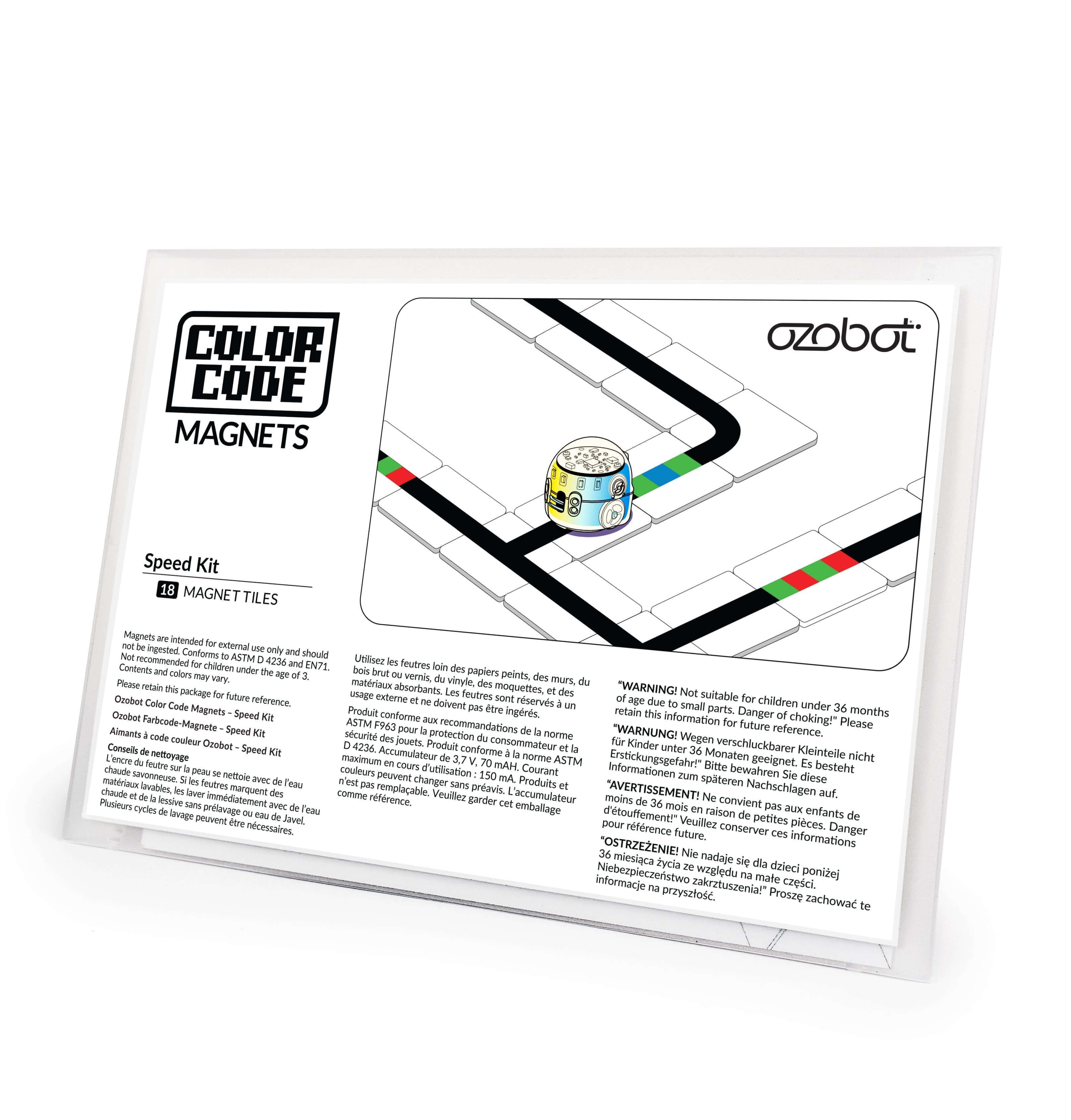 Ozobot Color Code Magnets Speed Kit with Evo robot on coding track, teaching coding principles in a fun way.