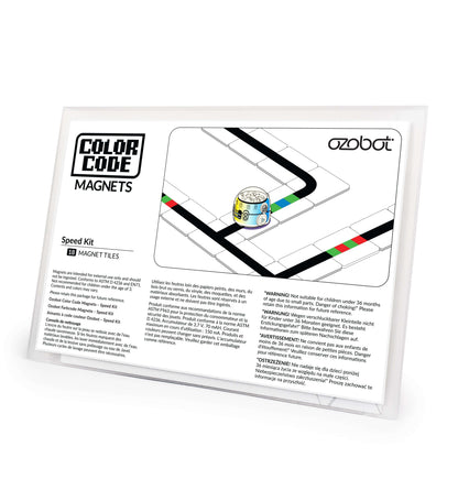 Ozobot Color Code Magnets Speed Kit with Evo robot on coding track, teaching coding principles in a fun way.