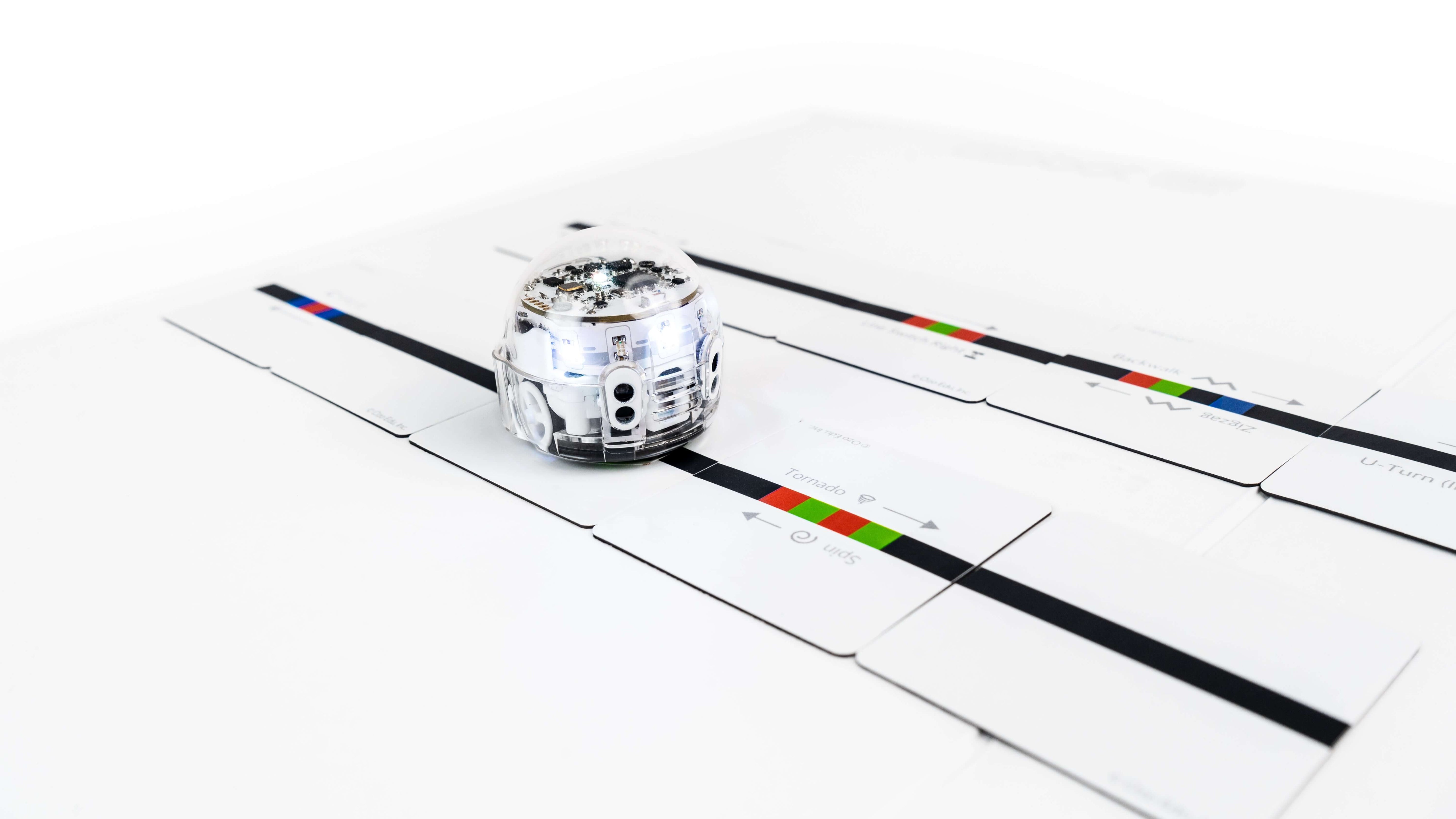 Ozobot Evo robot on color-coded magnets for interactive coding education and speed learning.