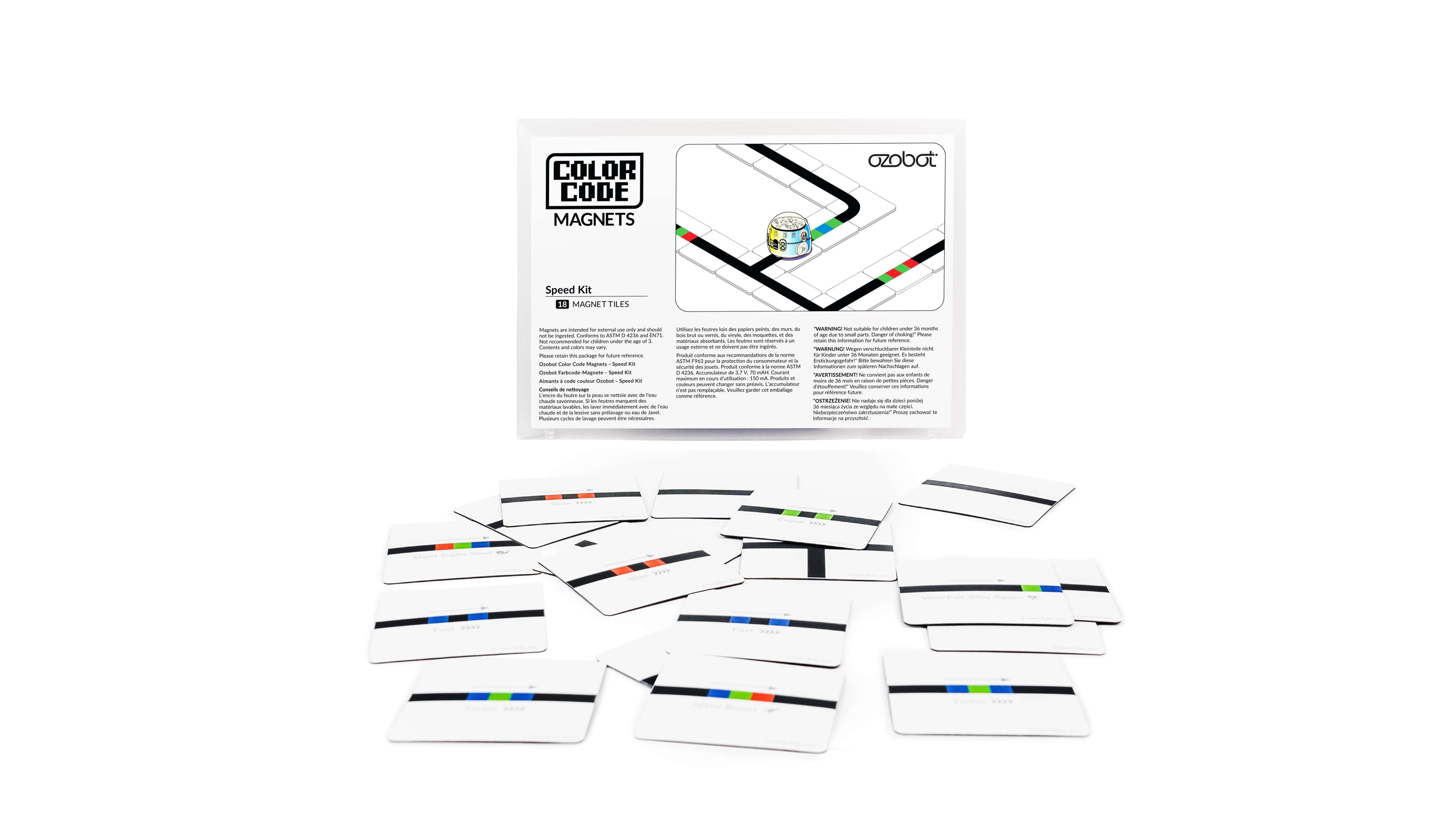 Ozobot Color Code Magnets Speed Kit with puzzle pieces for hands-on coding fun for young learners.