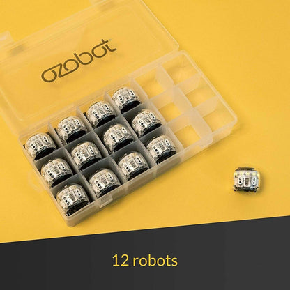 Ozobot Evo Classroom Kit showcasing 12 robots in a clear storage case on a yellow background.