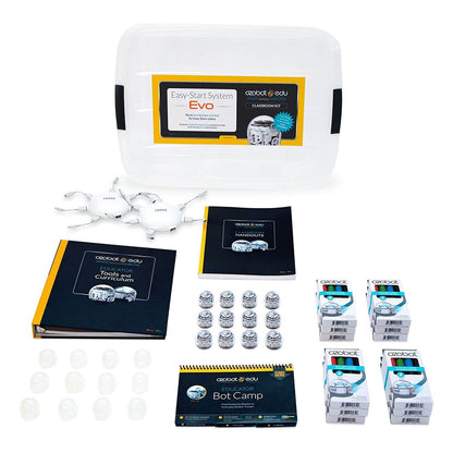 Ozobot Evo Classroom Kit contents including robots, guides, and accessories for coding education activities.