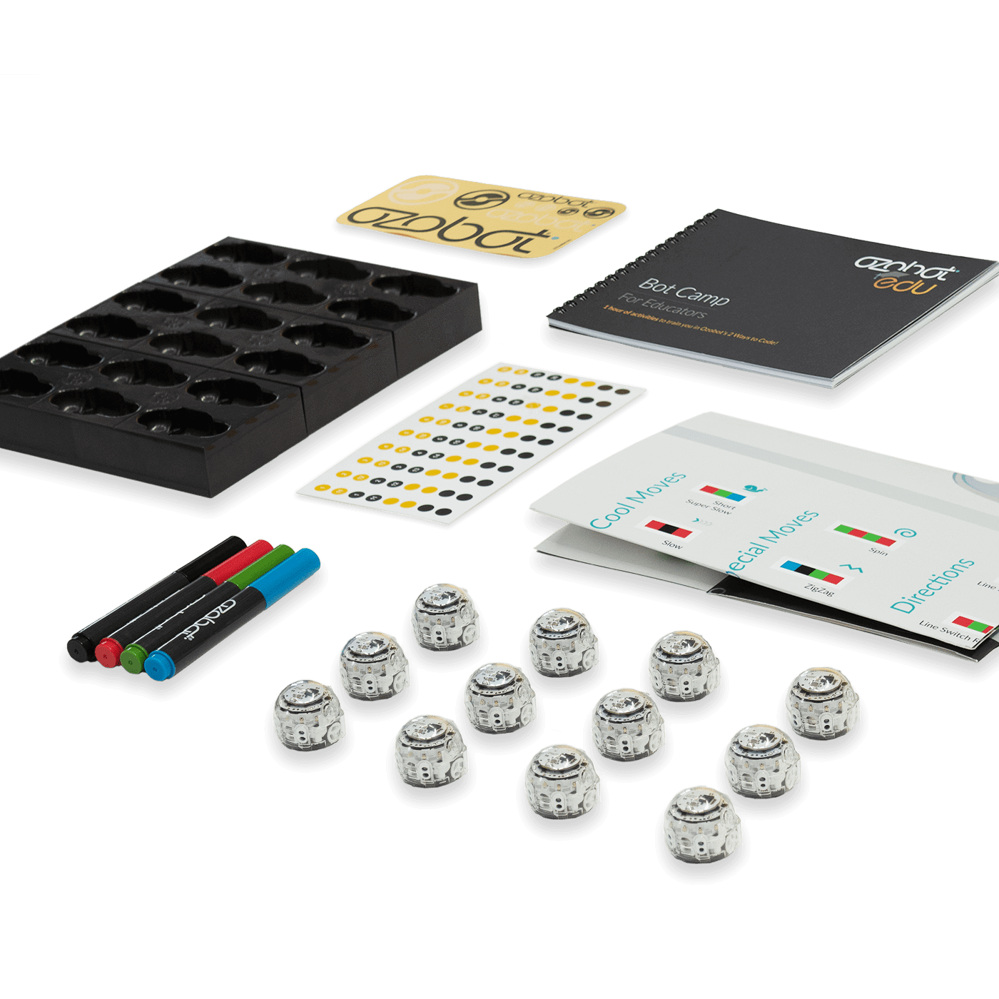 Ozobot Evo Classroom Kit contents including robots, cards, markers, and educational materials for coding.