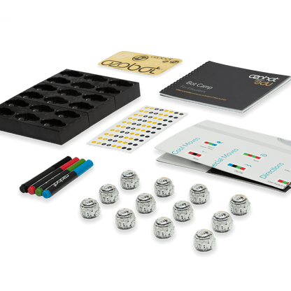 Ozobot Evo Classroom Kit contents including robots, cards, markers, and educational materials for coding.
